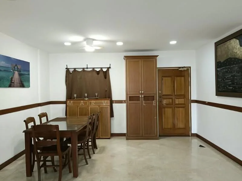 Dining features: dining table with four chairs, wooden dining table, wooden dining chairs, cream painted walls, light-colored flooring, ceiling fan with light, wooden cabinet, framed artwork on wall, brown curtain, wooden door, wall-mounted light fixtures; style: modern.