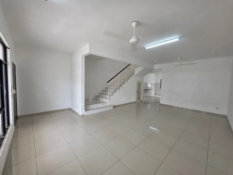 Living features: white painted walls, glossy ceramic tile flooring, ceiling fan, recessed LED downlights, large windows, open layout, staircase with wooden railing, neutral color scheme; style: modern.