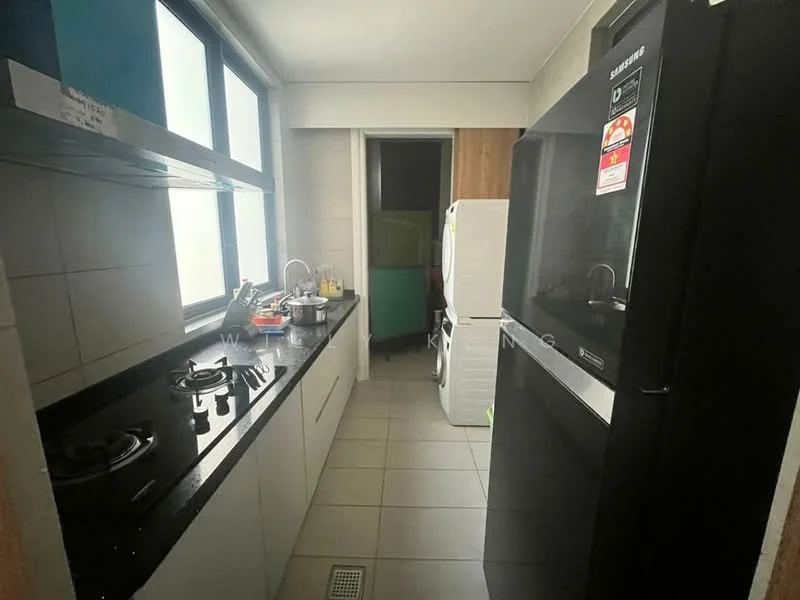 Kitchen features: black granite countertop, white cabinetry, stainless-steel sink, chrome pull-down faucet, 4-burner gas hob, built-in oven, stainless-steel fridge, tile flooring, wall-mounted cabinets, window with natural light, kitchen utensils on countertop, exhaust hood; style: modern.