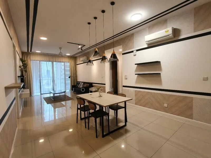 Dining features: rectangular dining table, 4 black metal dining chairs, pendant lighting with three black shades, wall-mounted shelves, cream painted walls, wood panel accent wall, large sliding glass door, floor-to-ceiling windows, marble tile flooring, 1 wall-mounted split AC, ceiling fan with light; style: modern; view: city. Living features: black fabric sofa, decorative cushions, coffee table, TV console, area rug, wall-mounted TV, 2 wall-mounted split ACs; style: modern; view: city.