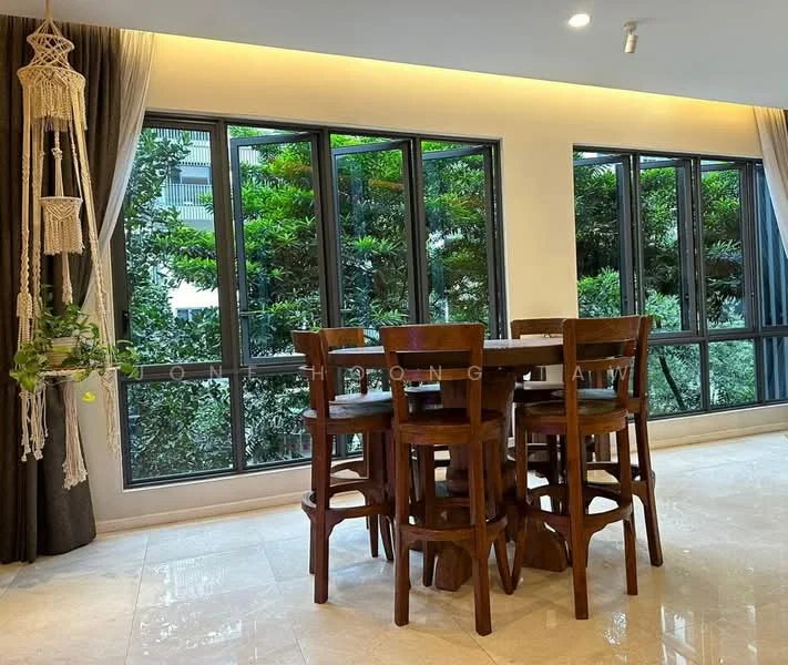 Dining features: wooden dining table, high wooden stools, large windows, greenery view, marble flooring, curtains, recessed lighting, decorative macrame hanging planter; style: modern; view: garden.