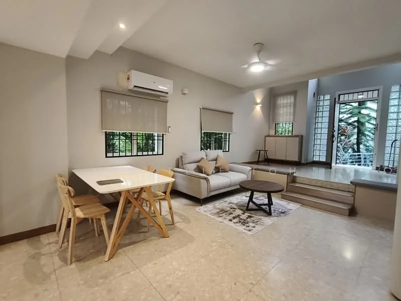 Living features: cream painted walls, marble flooring, 5-blade ceiling fan with light, floor-to-ceiling windows, sliding glass door, sheer curtains, sofa in light grey, coffee table, dining table with wooden legs, 4 dining chairs, decorative area rug; style: modern; view: garden.