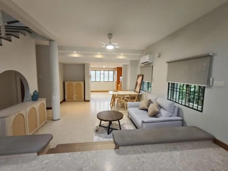 Living features: 3-seater fabric sofa in light grey, coffee table, ceiling fan with light, wall-mounted air conditioning unit, large windows with grid pattern, light-coloured walls, marble flooring, decorative wall art, dining table with chairs in background; style: modern.