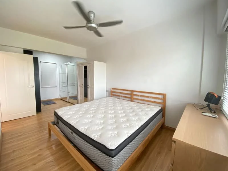 Bedroom features: queen-size bed, wooden bed frame, mattress with quilted cover, wooden bedside table, ceiling fan, laminate flooring, white painted walls, built-in wardrobe with sliding doors, large window with blinds, light-colored bedding; style: modern.