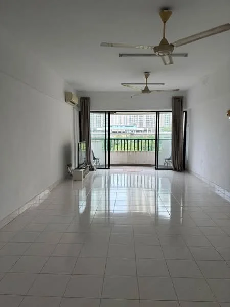 Living features: white painted walls, glossy ceramic tile flooring, 2 ceiling fans with lights, floor-to-ceiling sliding glass door, curtains, balcony access, air conditioning unit, neutral decor; style: modern; view: city.