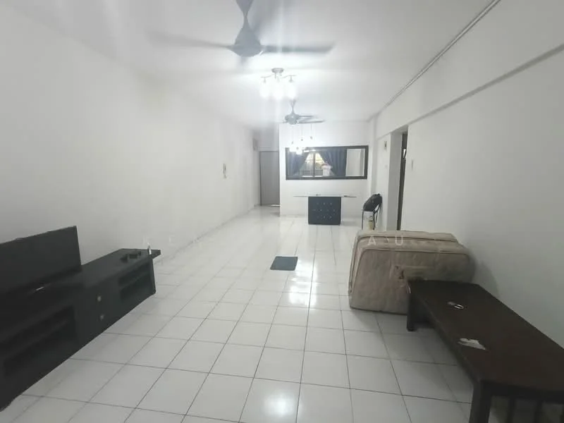 Living features: white painted walls, white tiled flooring, ceiling fan, 3-blade ceiling fan, sofa in beige, wooden coffee table, TV console, wall-mounted TV, recessed lighting, large window with curtains; style: modern.