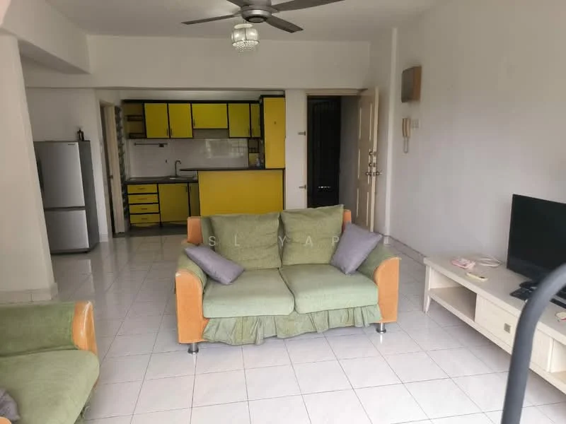 Living features: 3-seater fabric sofa in green and orange, ceiling fan with light, wall-mounted TV, white painted walls, tile flooring, decorative wall clock, coffee table, area rug, open layout to kitchen; style: modern. Kitchen features: yellow cabinetry, stainless-steel fridge, built-in oven, double-bowl stainless-steel sink, chrome pull-down faucet, white tiled backsplash, open shelving, tile flooring; style: modern.