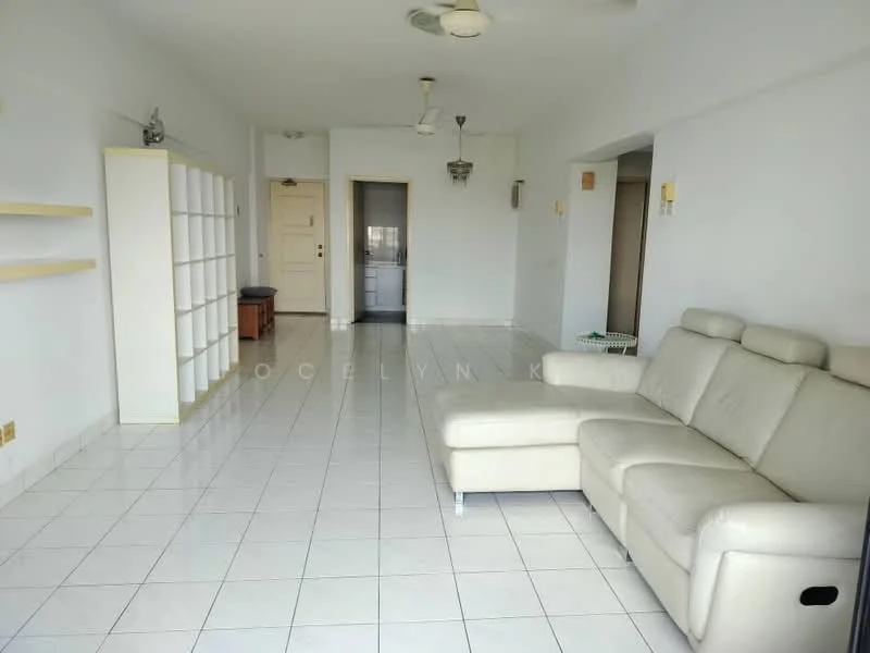 Living features: white painted walls, white tiled flooring, 5-blade ceiling fan, 2 wall sconces, 3-seater leather sofa in white, coffee table, open shelving unit, door leading to hallway, door leading to kitchen, large window with natural light; style: minimalist.