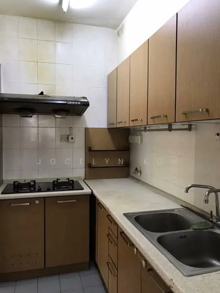 Kitchen features: laminate cabinetry in light wood, granite countertop, double-bowl stainless-steel sink, chrome pull-down faucet, 4-burner gas hob, exhaust hood, white tiled backsplash, grey tiled flooring, wall-mounted shelving; style: modern.