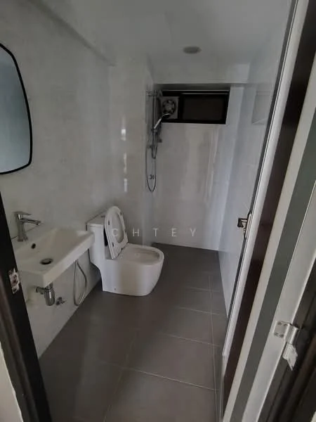 Bathroom features: white tiled walls, grey floor tiles, single-sink vanity with chrome faucet, one-piece toilet, shower with wall-mounted showerhead, mirror above sink, window for natural light, exhaust fan; style: modern.