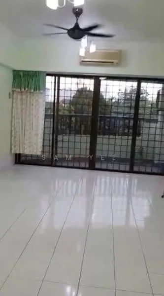 Room features: white painted walls, glossy tile flooring, 5-blade ceiling fan, wall-mounted split AC, floor-to-ceiling windows with security grilles, curtains with floral pattern, sliding glass door leading to outdoor area; style: modern; view: garden.