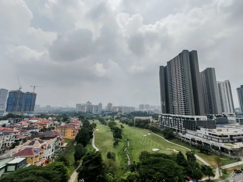 Exterior type: high-rise condominium; features: city skyline view, golf course view, surrounded by greenery, modern architectural design, multiple high-rise buildings, residential area with low-rise houses, construction cranes visible, open green spaces; style: modern.