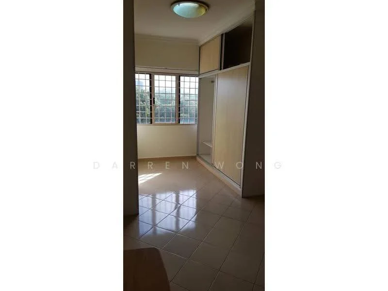 Room features: white painted walls, tile flooring, large window with grid pattern, built-in wardrobe, ceiling light fixture, natural light from window.