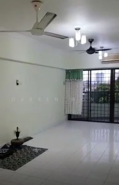 Living features: white painted walls, glossy white tile flooring, 5-blade ceiling fan, 3-blade ceiling fan, recessed LED downlights, large sliding glass door, floor-to-ceiling windows, sheer curtains, decorative rug, wall-mounted AC unit; style: modern; view: city.