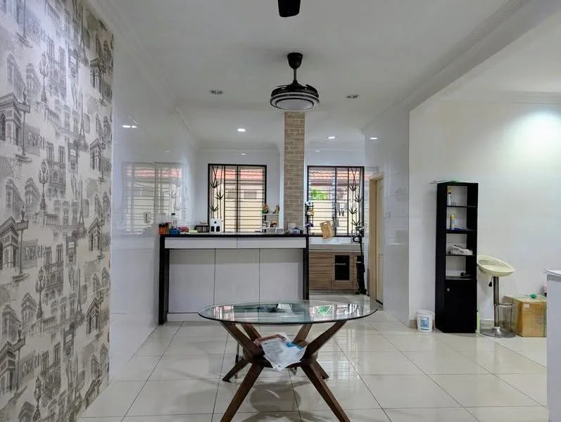 Living features: white painted walls, feature wall with architectural pattern, glossy tile flooring, ceiling fan with integrated light, recessed downlights, large windows with security grills, glass dining table with wooden legs, black shelving unit, wooden accent on the wall, neutral color palette; style: modern.