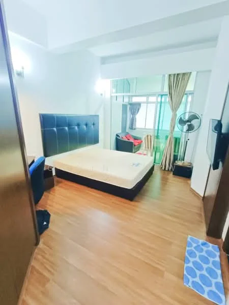 Bedroom features: queen-size bed, upholstered headboard, wooden flooring, floor-to-ceiling windows, curtains, ceiling fan, wall-mounted TV, decorative wall mirror; style: modern; view: city.
