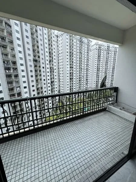 Balcony features: tiled flooring, black metal railing, city view, adjacent to living room, sufficient space for outdoor furniture; style: modern; view: city.