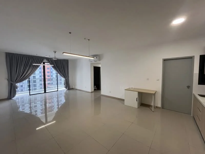 Living features: large floor-to-ceiling windows, grey curtains, white painted walls, recessed downlights, polished ceramic tile flooring, air conditioning unit, open layout, neutral color scheme, wall-mounted light fixture, dining table area, sliding glass door to balcony; style: modern; view: city.