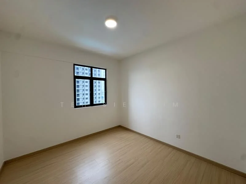 Room features: white painted walls, laminate flooring, single window with black frame, ceiling light fixture; view: city.