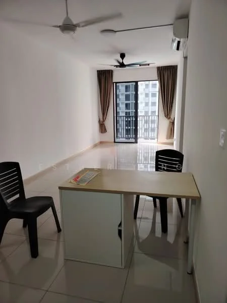 Living features: white painted walls, glossy tile flooring, 5-blade ceiling fan, sliding glass door, floor-to-ceiling windows, curtains, dining table with chairs, air conditioning unit; style: modern; view: city.