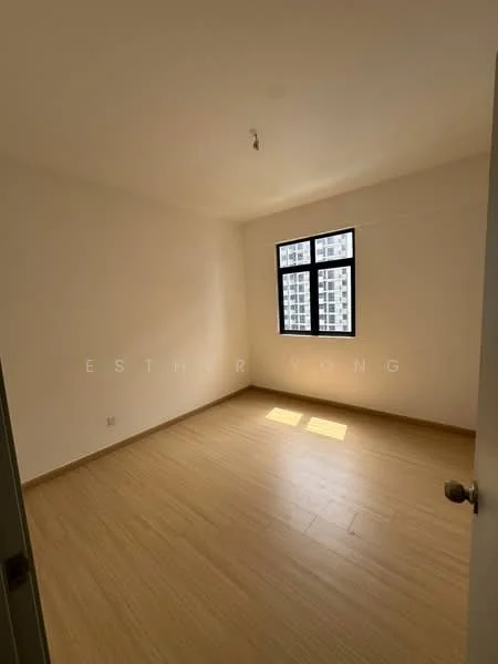 Bedroom features: light wood laminate flooring, white painted walls, single window with black frame, natural light from window, plain ceiling, no visible furniture; style: minimalist.