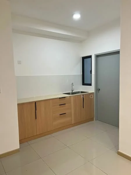Kitchen features: light wood cabinetry with flat-panel doors, white countertop, single-bowl stainless-steel sink, chrome pull-down faucet, white tiled backsplash, grey door, window with black frame, recessed ceiling lights, ceramic tile flooring; style: modern.