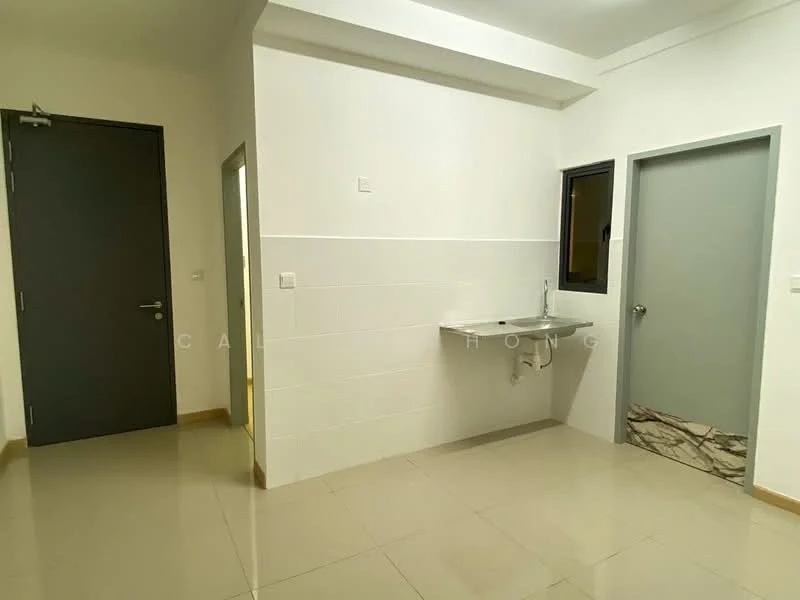 Room features: white painted walls, glossy tile flooring, single-bowl stainless-steel sink, grey door, black door, window with black frame, light fixture on ceiling; style: modern.