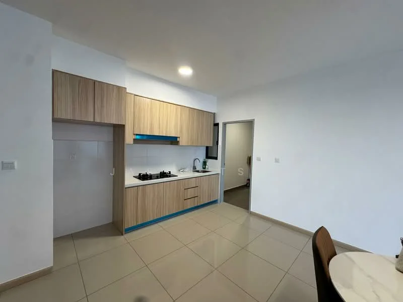 Kitchen features: light wood cabinetry, white countertop, built-in gas hob, stainless-steel sink, chrome faucet, white tiled backsplash, recessed ceiling lights, cream tiled flooring; style: modern. Room features: white painted walls, doorway leading to another room.