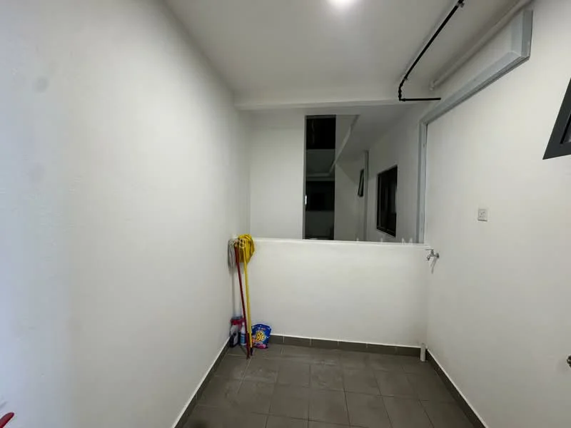 Room features: white painted walls, grey tiled flooring, window with black frame, door with handle, clean and minimalistic design, no visible furniture or decor; style: modern.