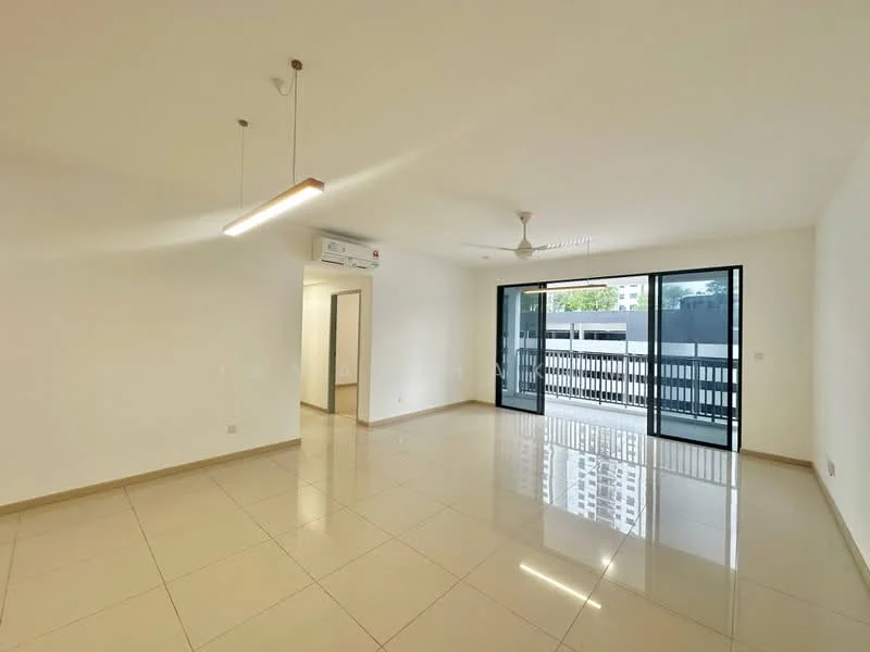 Living features: white painted walls, glossy ceramic tile flooring, 5-blade ceiling fan with light, recessed downlights, floor-to-ceiling windows, sliding glass door, balcony access, air conditioning unit; style: modern; view: city.