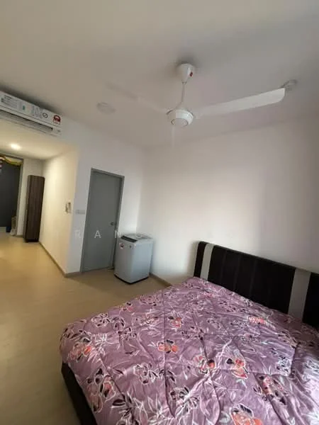 Bedroom features: queen-size bed with floral bedding, wall-mounted air conditioning unit, ceiling fan, light-colored walls, laminate flooring, built-in wardrobe, door leading to hallway, small fridge; style: modern.