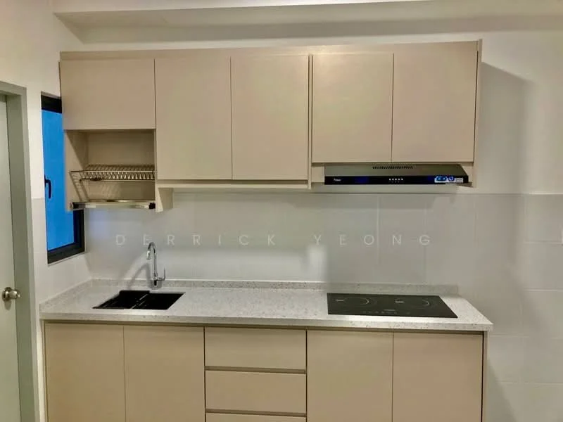 Kitchen features: light beige cabinetry, granite countertop, single-bowl stainless-steel sink, chrome pull-down faucet, built-in induction cooktop, wall-mounted range hood, white tiled backsplash, open shelving above sink, window with black frame; style: modern.