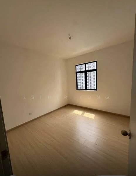 Bedroom features: light wood laminate flooring, white painted walls, single window with black frame, ceiling light fixture, no built-in wardrobe, sunlight streaming in, plain ceiling; style: minimalist.