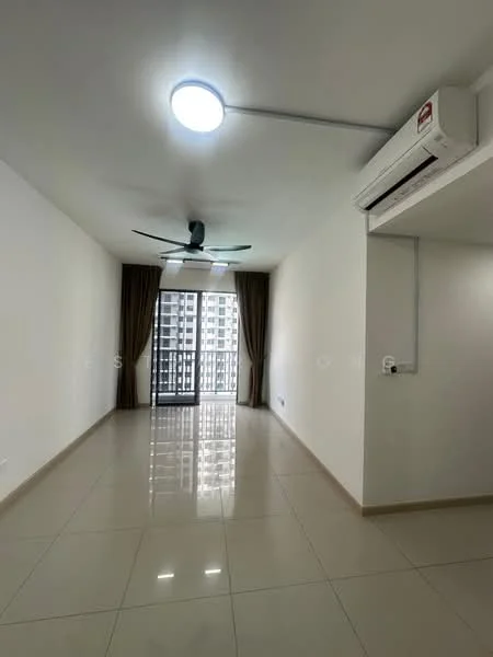 Living features: white painted walls, glossy ceramic tile flooring, 5-blade ceiling fan with light, wall-mounted split AC, floor-to-ceiling windows, sliding glass door, sheer curtains, natural light from windows; style: modern; view: city.