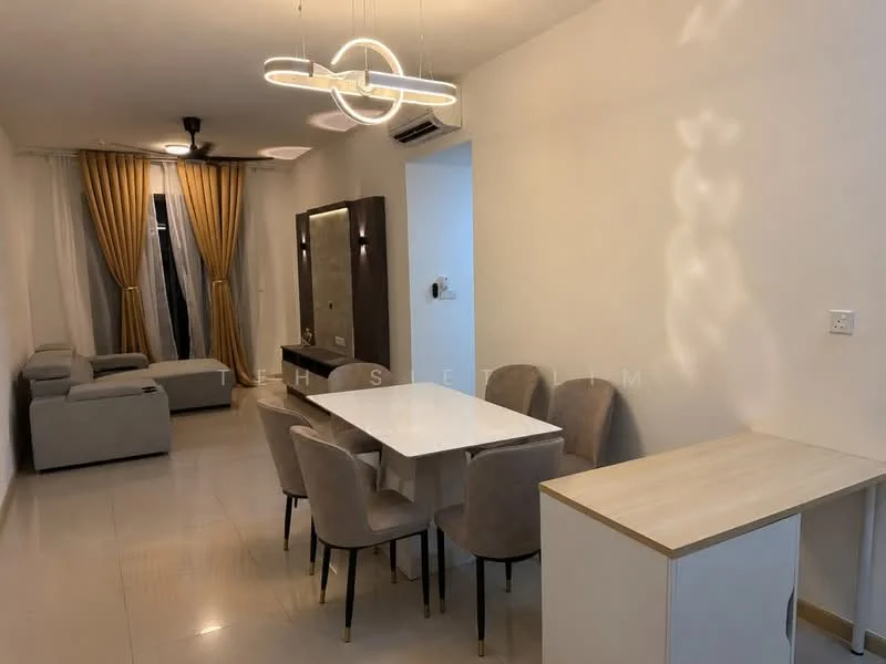 Dining features: 6-seater dining table, upholstered dining chairs, pendant light fixture, cream painted walls, floor-to-ceiling windows with sheer curtains, light-colored flooring, sideboard cabinet, mirror on wall, sofa in grey fabric, decorative wall art, curtains in gold color; style: modern.
