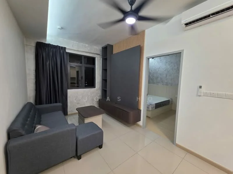 Living features: grey fabric 3-seater sofa, wooden coffee table, ceiling fan with light, wall-mounted TV console, built-in shelving unit, floor-to-ceiling window with black curtains, cream painted walls, tile flooring; style: modern. Room features: bedroom visible through doorway, light-coloured wall with patterned wallpaper, single bed, white bedding, window with sheer curtains.