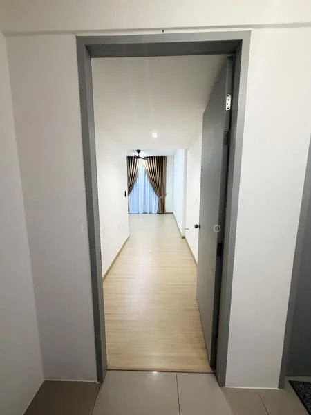 Room features: light wood flooring, white painted walls, grey door frame, ceiling light fixture, floor-to-ceiling windows with sheer curtains, curtains with a striped pattern, open layout, door leading to another room; style: modern.
