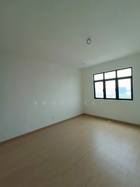 Room features: white painted walls, laminate flooring, large windows, natural light, ceiling light fixture.