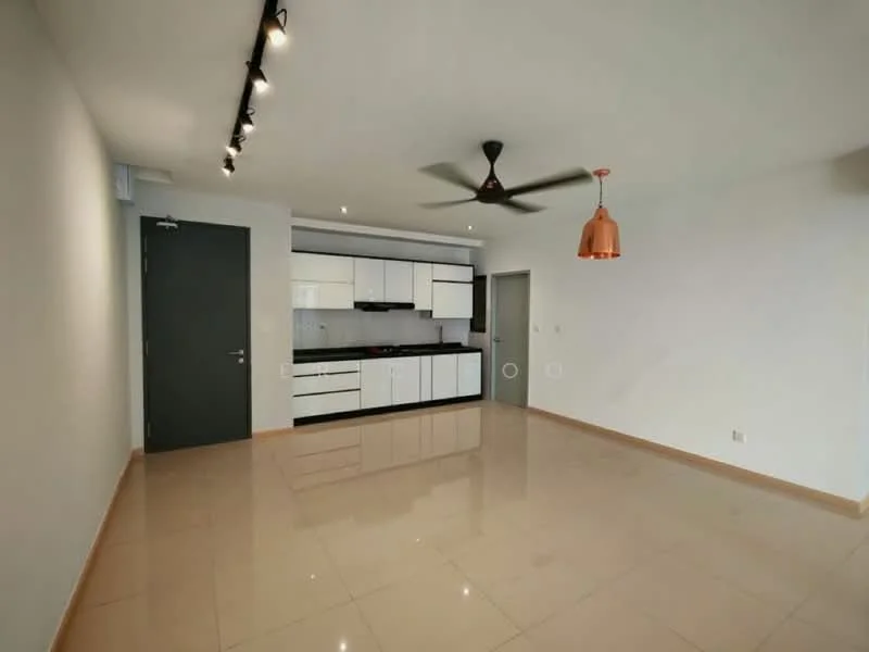 Living features: glossy beige tile flooring, white painted walls, recessed downlights, 5-blade ceiling fan with light, track lighting, kitchen area with black and white cabinetry, built-in oven, stainless-steel sink, chrome pull-down faucet, black countertop, open layout, sliding door to hallway; style: modern.
