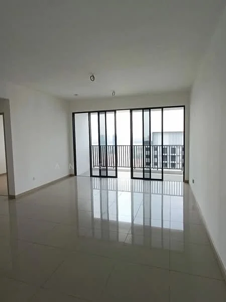 Room features: white painted walls, glossy ceramic tile flooring, floor-to-ceiling windows, black metal railing on balcony, recessed downlights, open layout, natural light from windows, city view from balcony; style: modern; view: city.