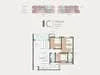 Floor plan: 3-bedroom 2-bathroom unit; features: open-plan kitchen-dining-living, master bedroom with ensuite bathroom, bedroom 2 with shared bathroom, utility room, balcony off living room, central foyer, 1 car porch, 1,250 sqft built-up.