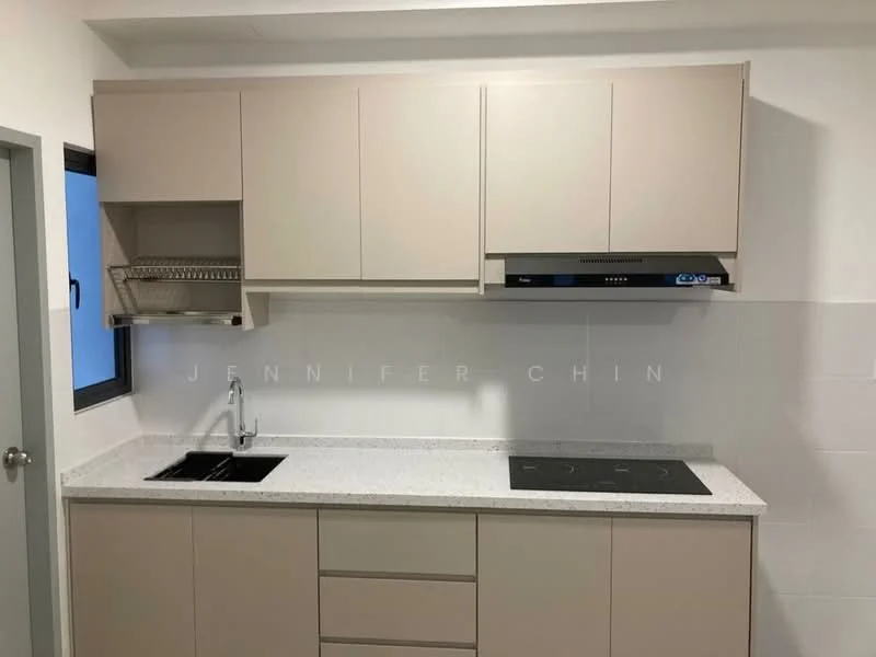 Kitchen features: light beige cabinetry, granite countertop, single-bowl stainless-steel sink, chrome pull-down faucet, built-in induction cooktop, wall-mounted range hood, open shelving, white tiled backsplash, window above sink; style: modern.