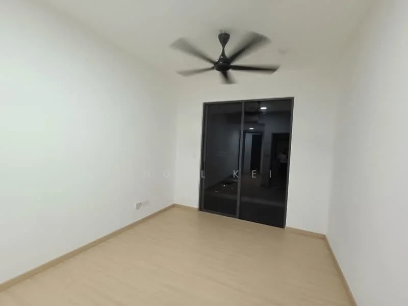 Room features: light wood laminate flooring, white painted walls, 5-blade ceiling fan, floor-to-ceiling sliding glass door, blackout curtains, no visible furniture; style: modern.