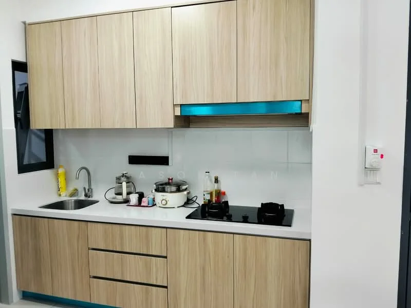 Kitchen features: light wood cabinetry, white countertop, single-bowl stainless-steel sink, chrome pull-down faucet, built-in gas hob, white tiled backsplash, kitchen appliances including kettle and rice cooker, under-cabinet lighting, sliding window, wall-mounted control panel; style: modern.