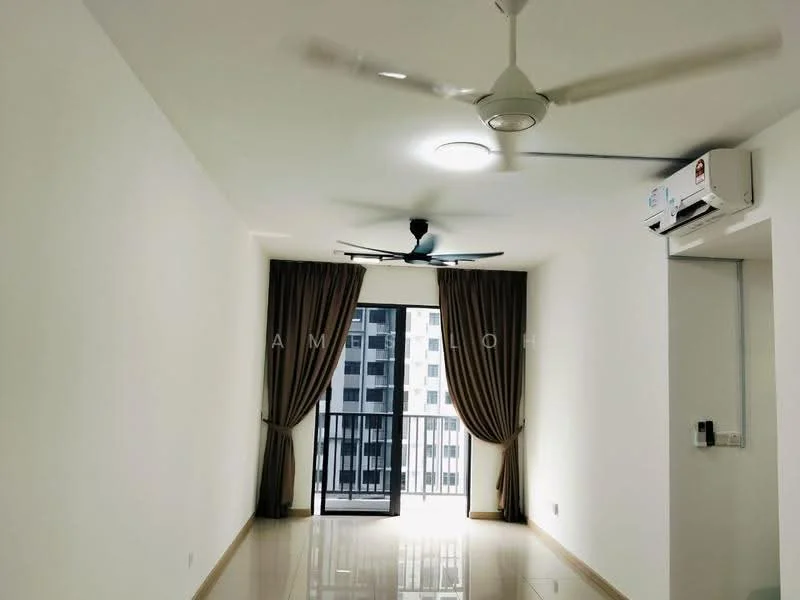 Living features: white painted walls, glossy tile flooring, 5-blade ceiling fan with light, recessed downlights, floor-to-ceiling windows, sliding glass door, sheer curtains, air conditioning unit; style: modern; view: city.