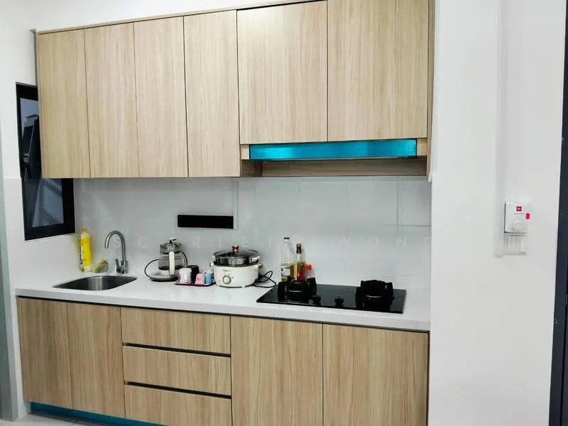 Kitchen features: light wood cabinetry, white countertop, single-bowl stainless-steel sink, chrome pull-down faucet, built-in gas hob, white tiled backsplash, kitchen appliances including rice cooker and kettle, under-cabinet lighting, wall-mounted range hood; style: modern.