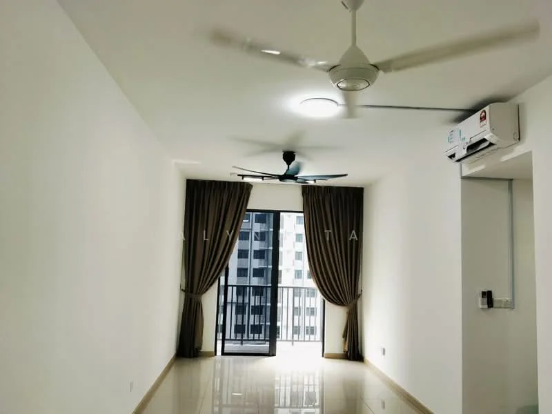Living features: white painted walls, glossy tile flooring, 5-blade ceiling fan with light, floor-to-ceiling windows, sliding glass door, sheer curtains, dark brown curtains, wall-mounted split AC; style: modern; view: city.