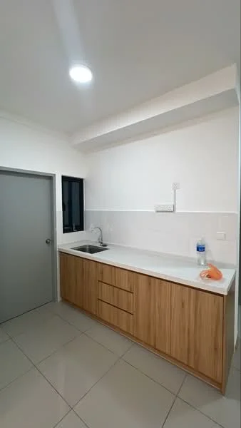 Kitchen features: white walls, light grey tiled flooring, laminate cabinetry in light wood finish, white countertop, single-bowl stainless-steel sink, chrome pull-down faucet, window with black frame, recessed ceiling light; style: modern.