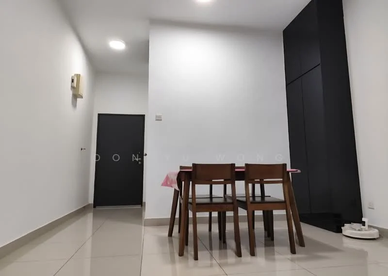 Dining features: white painted walls, glossy tile flooring, 4-seater wooden dining table, 4 wooden dining chairs, recessed downlights, black cabinetry, single door, wall-mounted air conditioning unit; style: modern. Room features: white painted walls, glossy tile flooring, door leading to hallway.