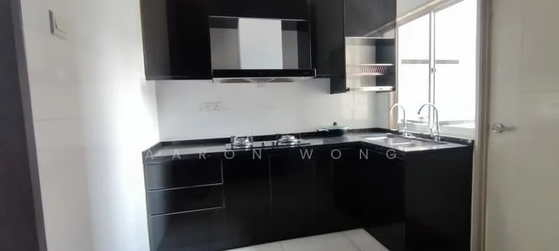 Kitchen features: black cabinetry, stainless-steel double-bowl sink, chrome pull-down faucet, granite countertop, built-in oven, stainless-steel range hood, 4-burner gas hob, white tiled backsplash, ceramic tile flooring, window for natural light, modern cabinet handles; style: modern.